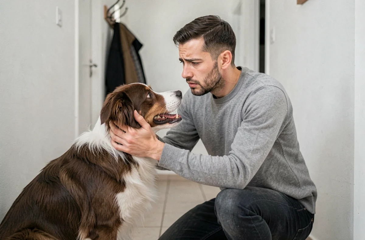 Propriétaire inquiet tenant la tête de son border collie dans un couloir après avoir remarqué ses symptômes de toux