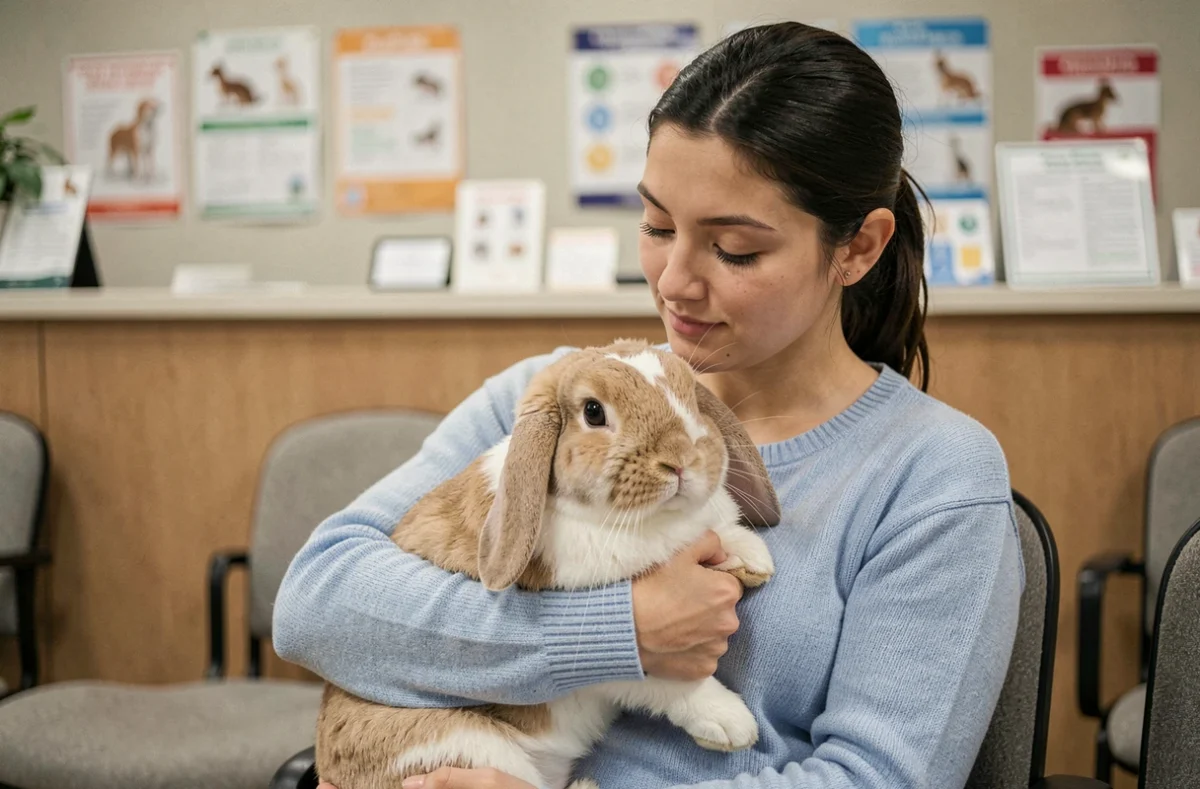 Propriétaire de lapin attendant en salle d'attente chez le vétérinaire avec son lapin bélier dans les bras