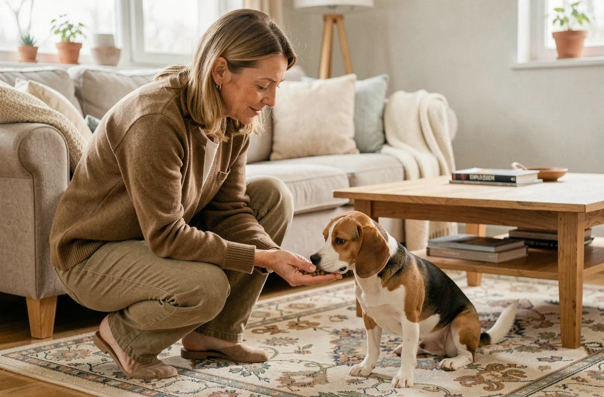 Femme proposant des croquettes à son chien beagle qui renifle la nourriture avec hésitation dans un salon