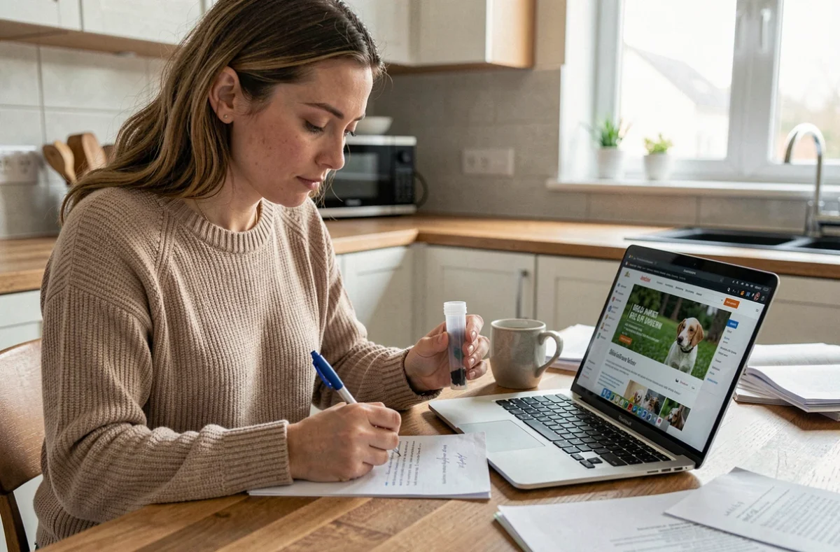 Femme propriétaire de chien prenant des notes et consultant un site vétérinaire en ligne avec un échantillon de selles pour identifier des vers