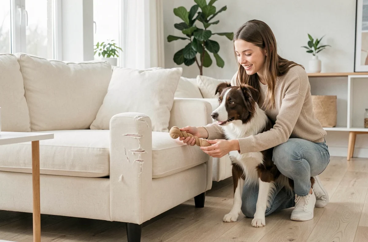 Femme qui redirige son chien border collie loin du canapé griffé en lui proposant un jouet à mâcher