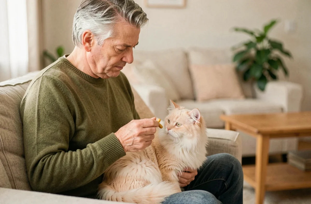 Propriétaire administrant un complément articulaire à son chat persan souffrant d'arthrose sur un canapé