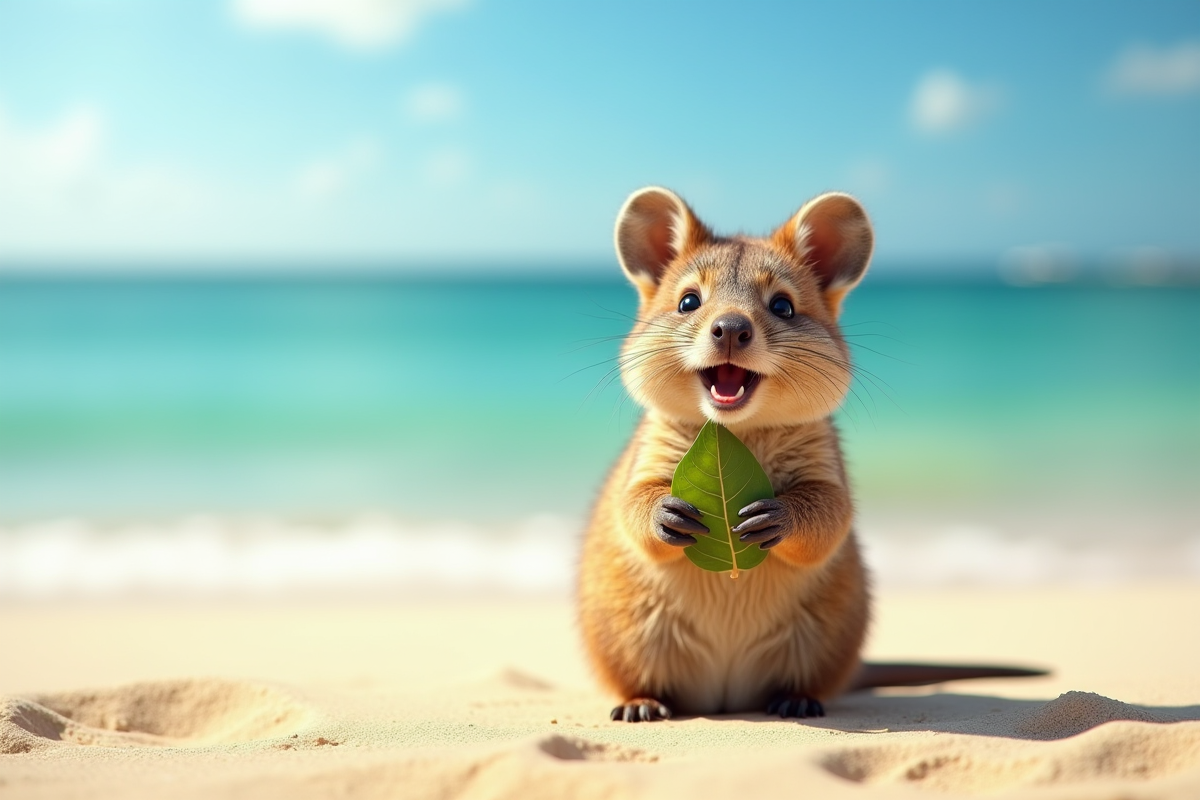Quokka tenant une feuille sur le sable près de la plage