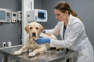 Vétérinaire positionnant un labrador pour une radiographie sur une table d'examen en acier inoxydable dans une clinique vétérinaire moderne