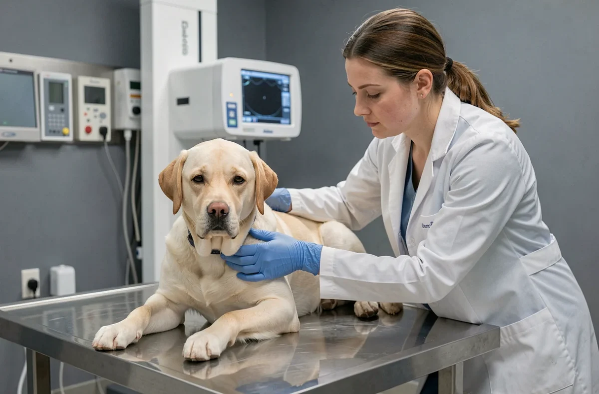 Vétérinaire positionnant un labrador pour une radiographie sur une table d'examen en acier inoxydable dans une clinique vétérinaire moderne