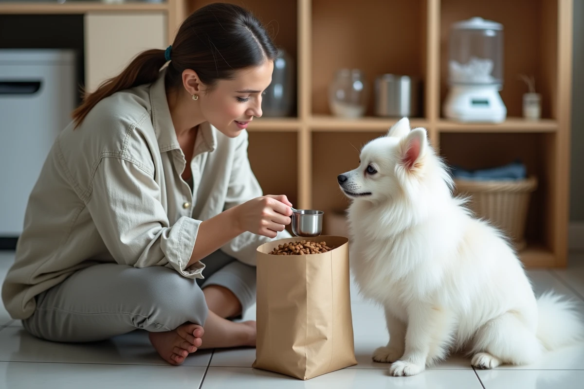 Femme mesurant une ration de croquettes pour son Spitz blanc avec une tasse doseuse