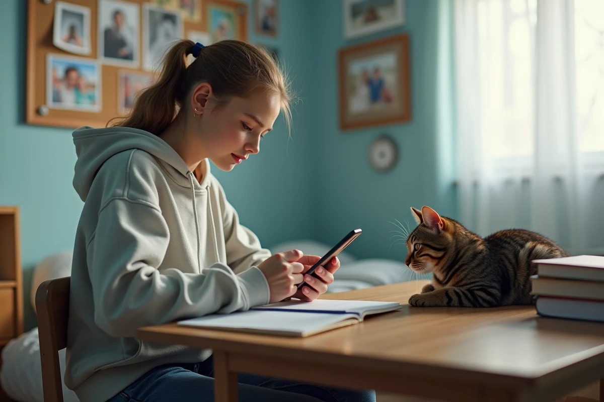 Adolescente cherchant un animal en x sur son smartphone avec un chat tigré posé sur son bureau dans sa chambre