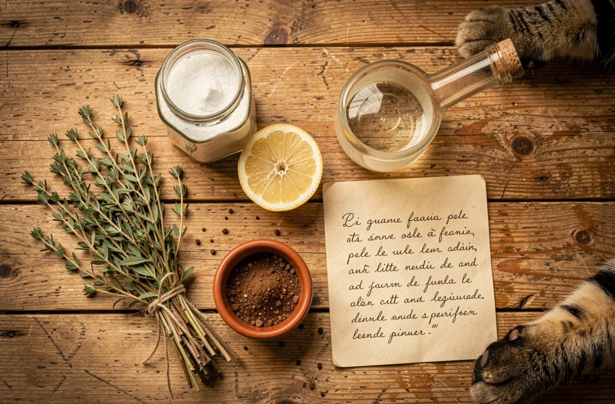 Vue de dessus d'ingrédients naturels de grand-mère pour neutraliser les odeurs de litière de chat : bicarbonate, citron, vinaigre et herbes séchées