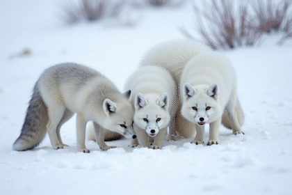 Renards arctiques dans la tundra enneigee en hiver