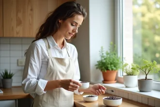 Femme plaçant des répulsifs naturels contre les insectes dans une cuisine moderne avec lavande et clous de girofle