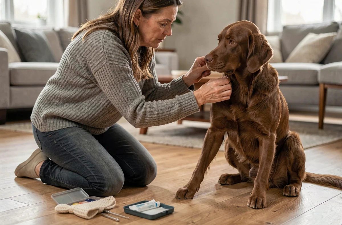 Femme retirant une tique de son chien à la maison avec un kit de retrait