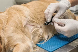 Vétérinaire retirant une tique sur un chien golden retriever avec un crochet à tique