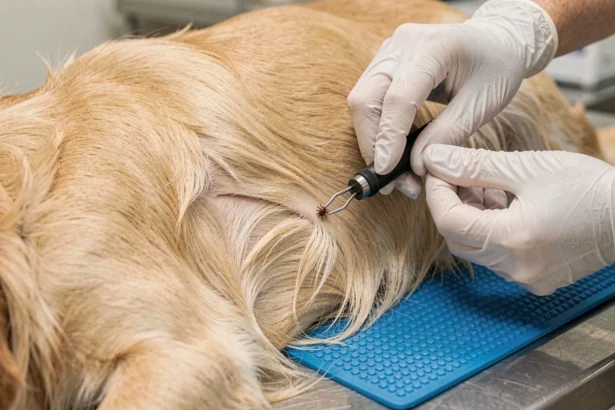 Vétérinaire retirant une tique sur un chien golden retriever avec un crochet à tique
