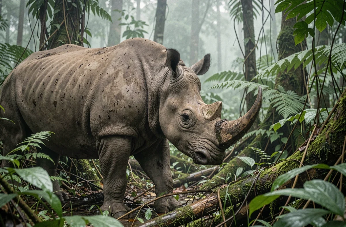 Rhinocéros de Java rare et solitaire dans la forêt tropicale indonésienne menacé par le braconnage