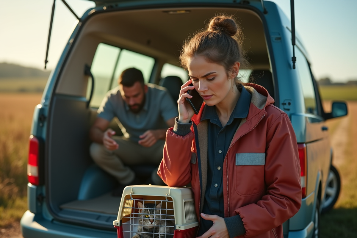 Secouriste animalier téléphone avec un chat sauvé dans une cage