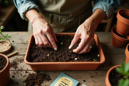 Mains de jardinier semant des graines dans un bac en terre cuite pour faire pousser des plantes pour tortue à moindre coût