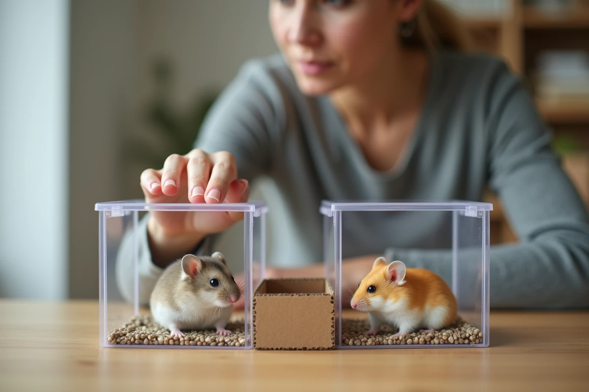 Séparation du hamster mâle et femelle dans deux cages distinctes par une femme lors de la gestation pour protéger la portée