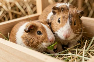 Jeune cochon d'Inde de trois semaines en cours de sevrage, blotti contre sa mère dans une cage en bois garnie de foin frais