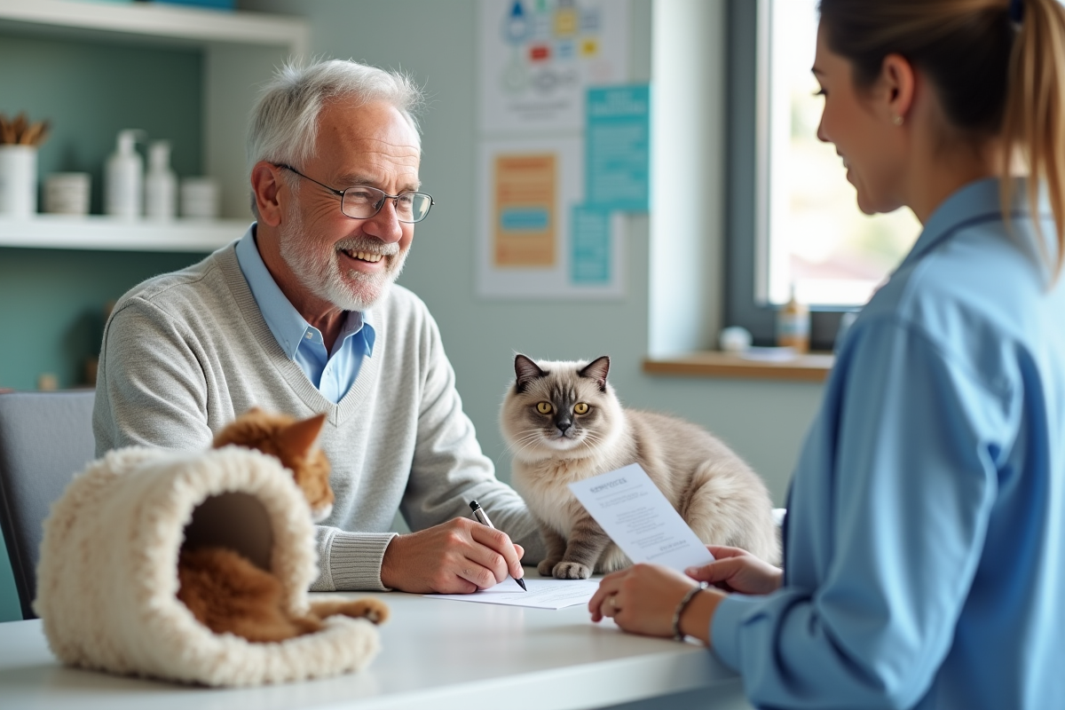 Homme âgé signant un reçu chez le vétérinaire avec son chat