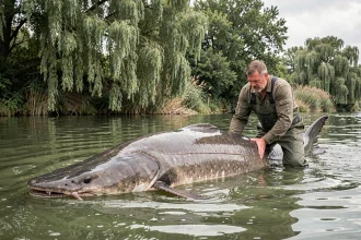 Pêcheur tenant un silure géant dans une rivière française, illustrant le record de taille et de poids du plus gros silure du monde