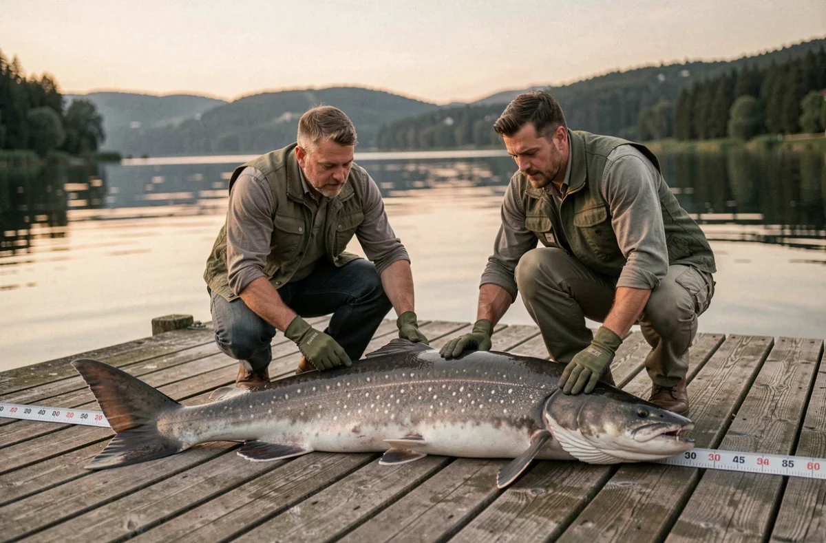 Deux pêcheurs mesurant un silure record sur un ponton au bord d'une rivière européenne, illustrant la taille exceptionnelle du plus gros silure du monde