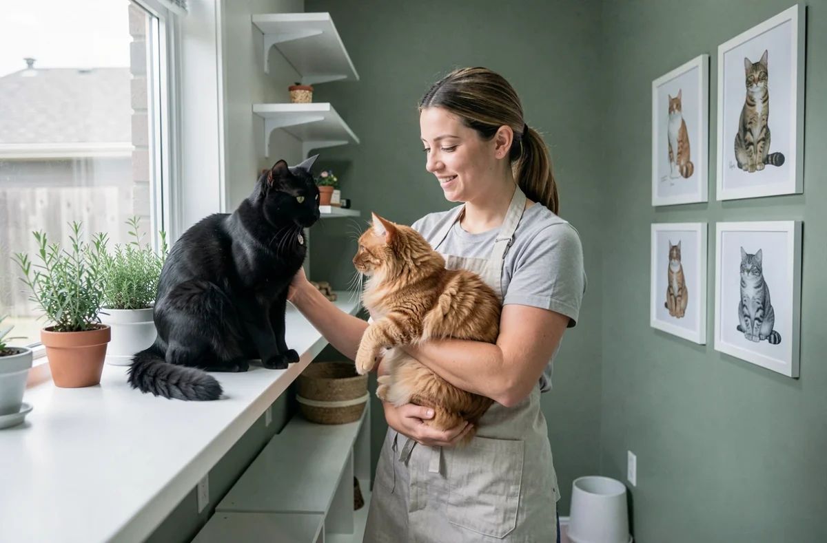 Soignante professionnelle tenant un chat roux dans une pension féline moderne et lumineuse des Bouches-du-Rhône