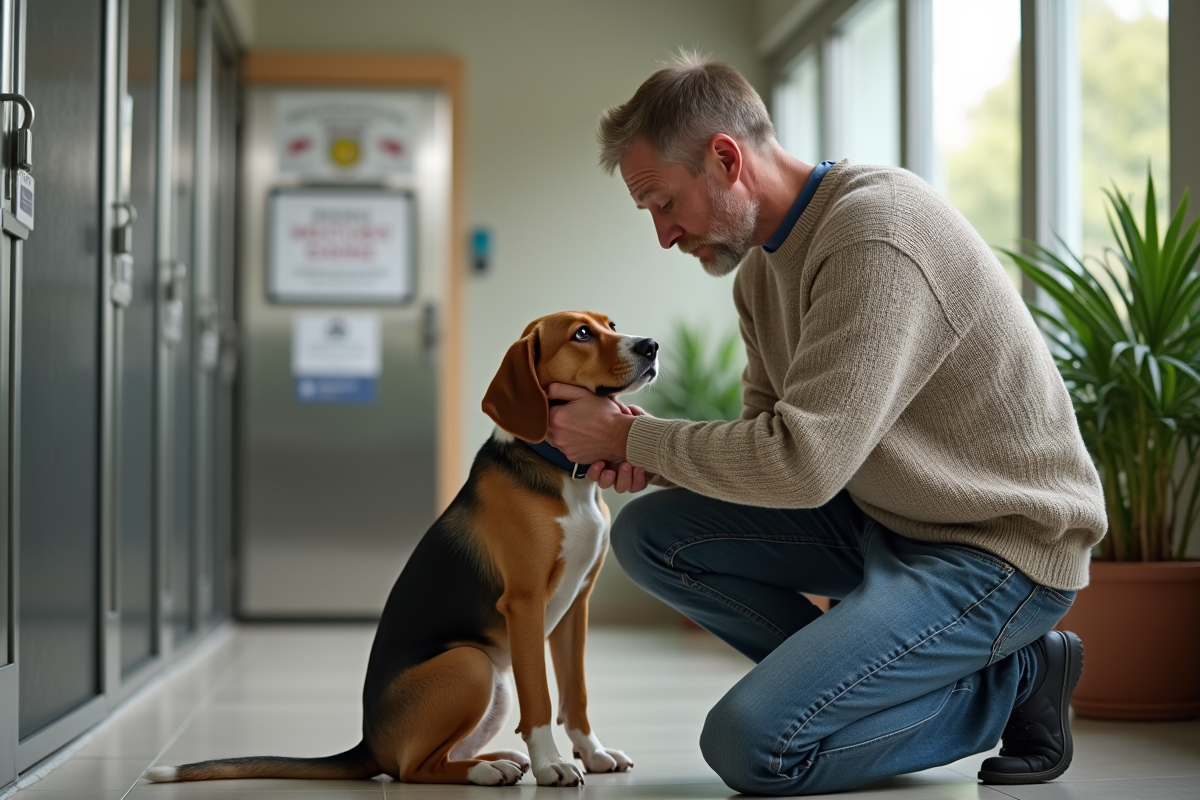 Homme réconfortant un chien dans un refuge animalier