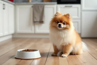 Spitz nain assis devant sa gamelle de croquettes sur un parquet en bois dans une cuisine moderne