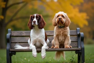 Springer anglais et cocker spaniel assis côte à côte sur un banc en bois dans un parc automnal