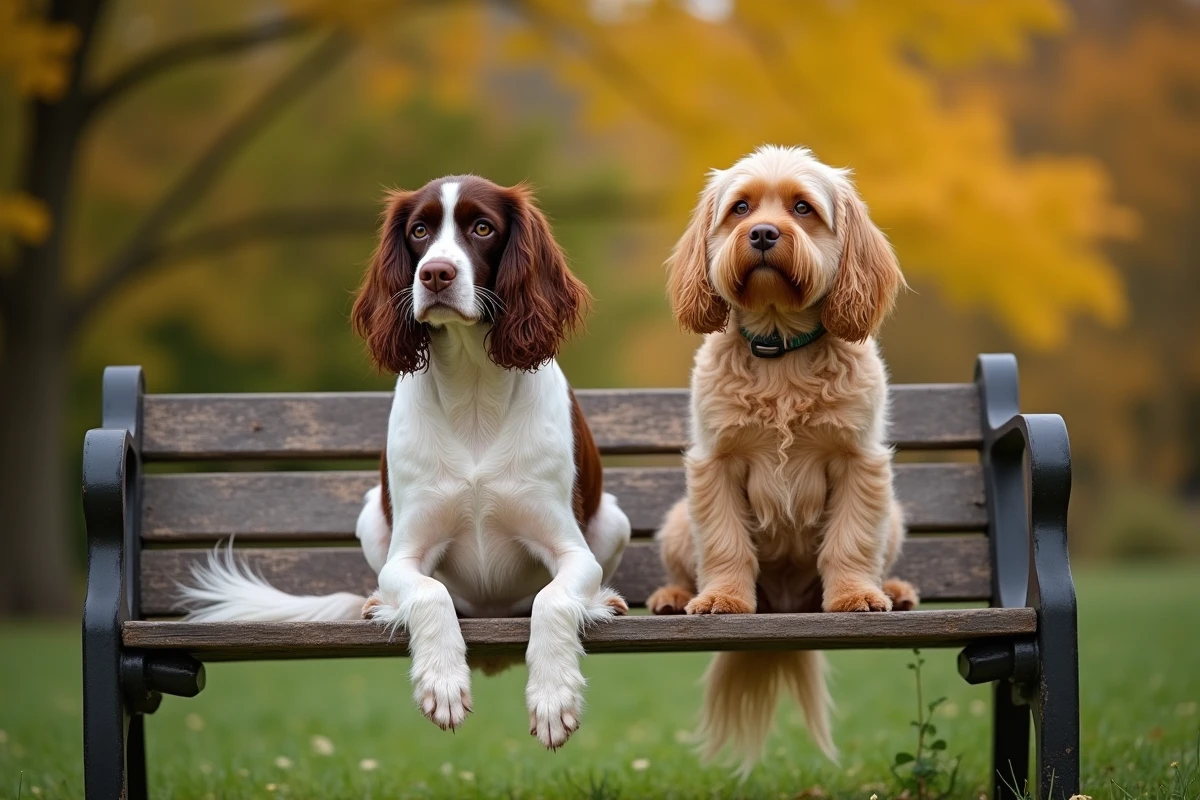 Springer anglais et cocker spaniel assis côte à côte sur un banc en bois dans un parc automnal