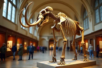 Squelette reconstitué d'un mammouth laineux exposé dans un musée d'histoire naturelle, illustrant le débat scientifique sur la disparition des mammouths