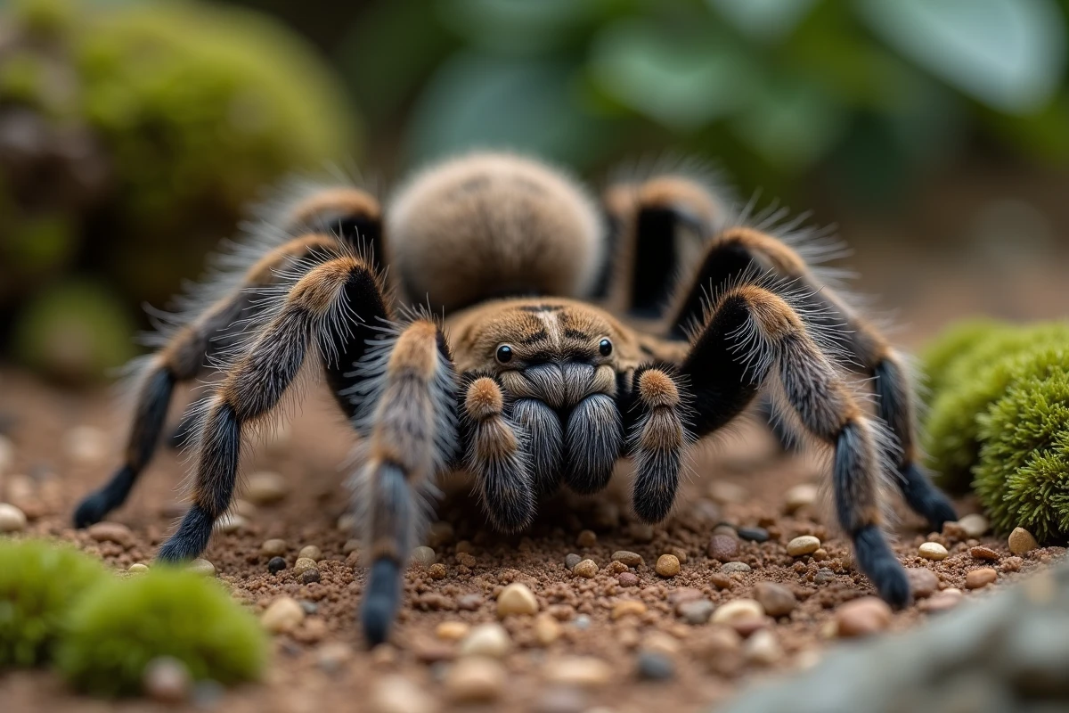 Gros plan d'une tarentule calme sur terre sèche en nature