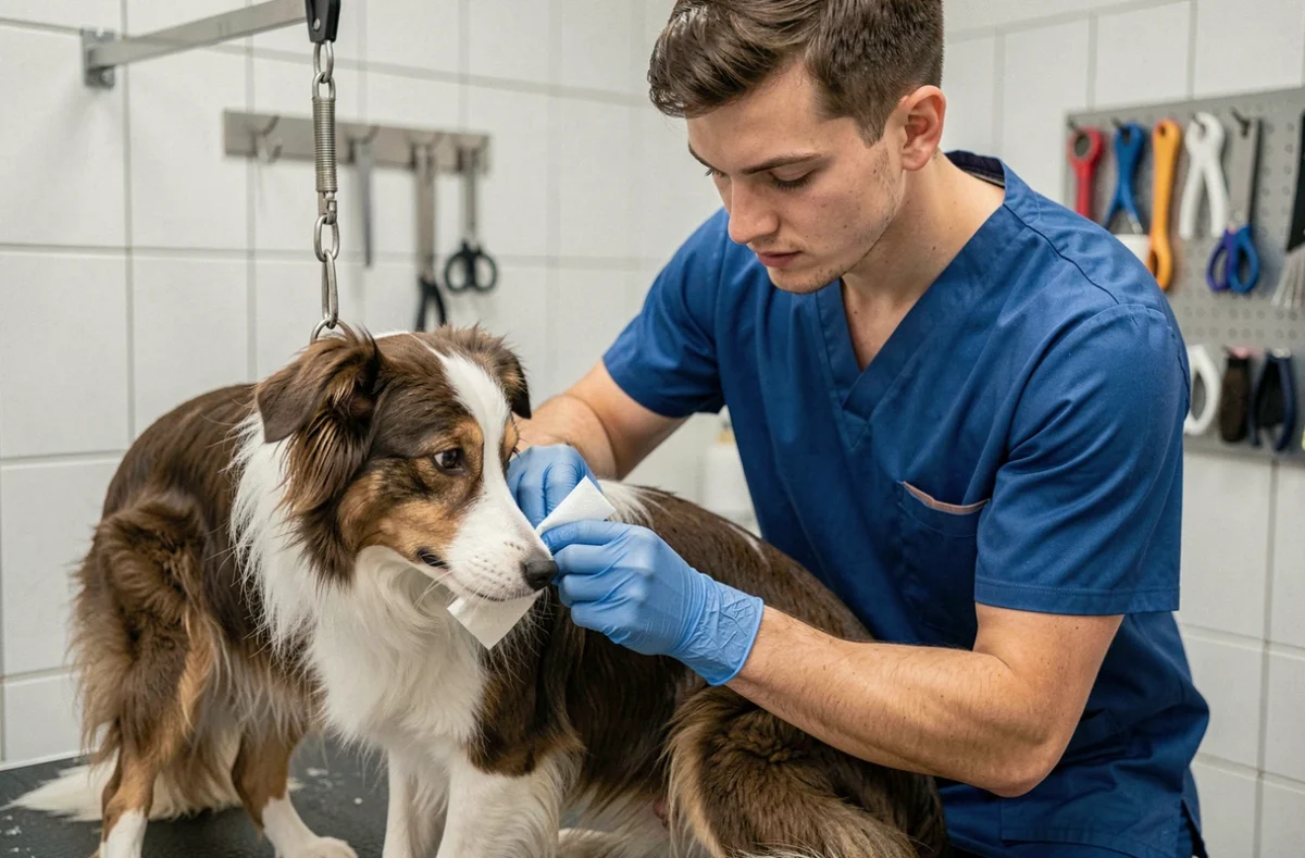 Technicien vétérinaire exprimant les glandes anales d'un border collie anxieux