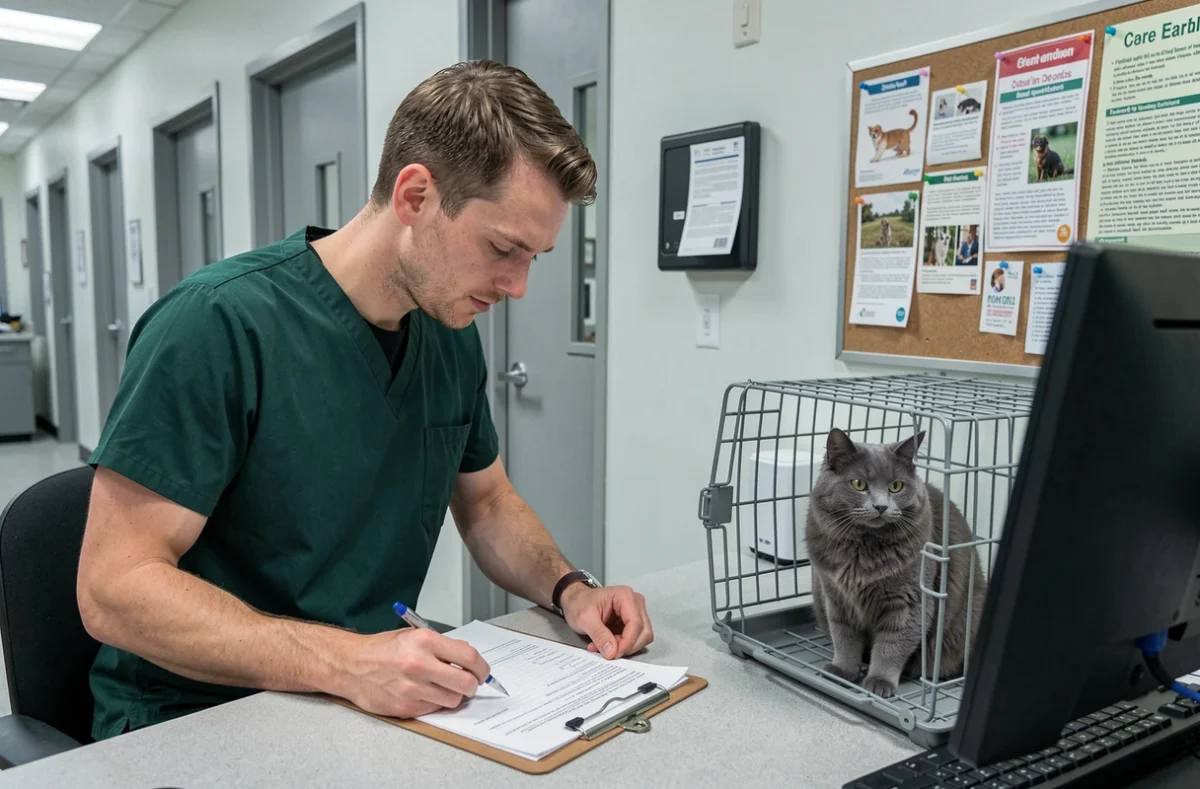 Technicien vétérinaire complétant les documents d'adoption d'un chat gris au bureau d'accueil