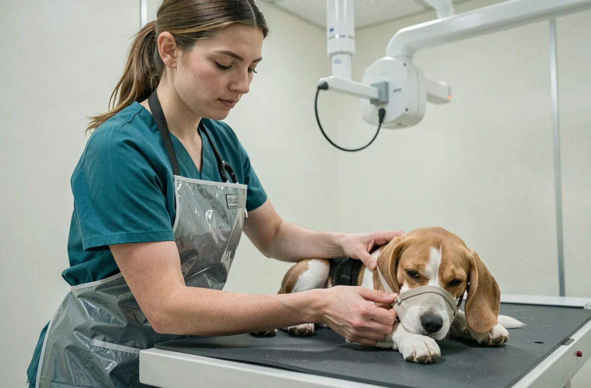 Technicienne vétérinaire en tablier plombé positionnant un beagle calme sur la table de radiologie en clinique vétérinaire