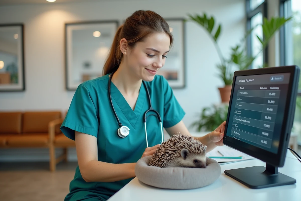 Technicienne vétérinaire saisissant des données médicales pour un hérisson dans une clinique NAC moderne avec affichage numérique des tarifs