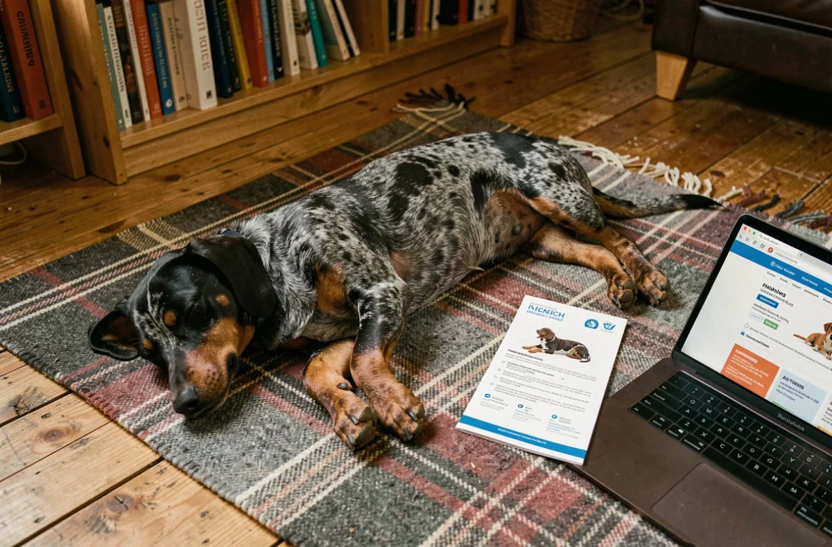 Teckel Arlequin allongé à la maison avec des documents d'assurance santé pour chien