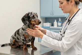 Teckel Arlequin poil ras examiné par une vétérinaire lors d'une consultation en clinique vétérinaire