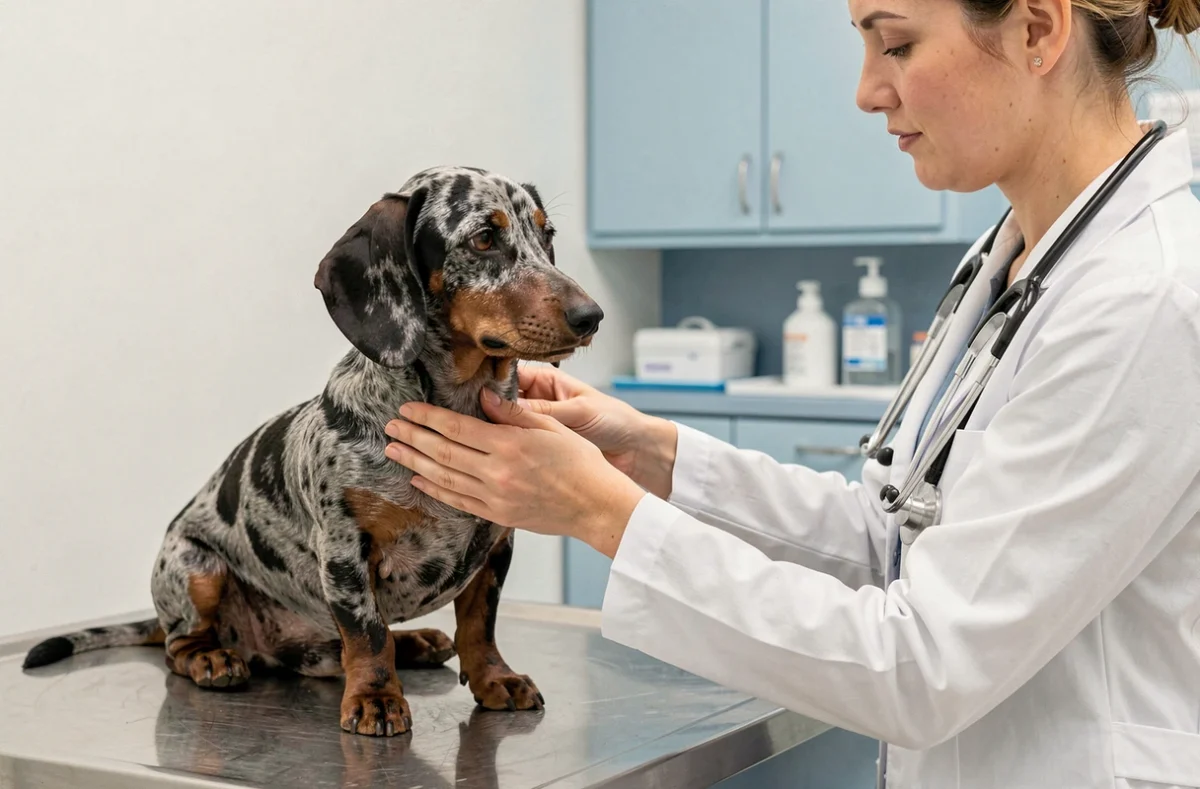 Teckel Arlequin poil ras examiné par une vétérinaire lors d'une consultation en clinique vétérinaire