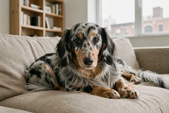 Teckel arlequin poil long allongé sur un canapé en lin dans un appartement moderne