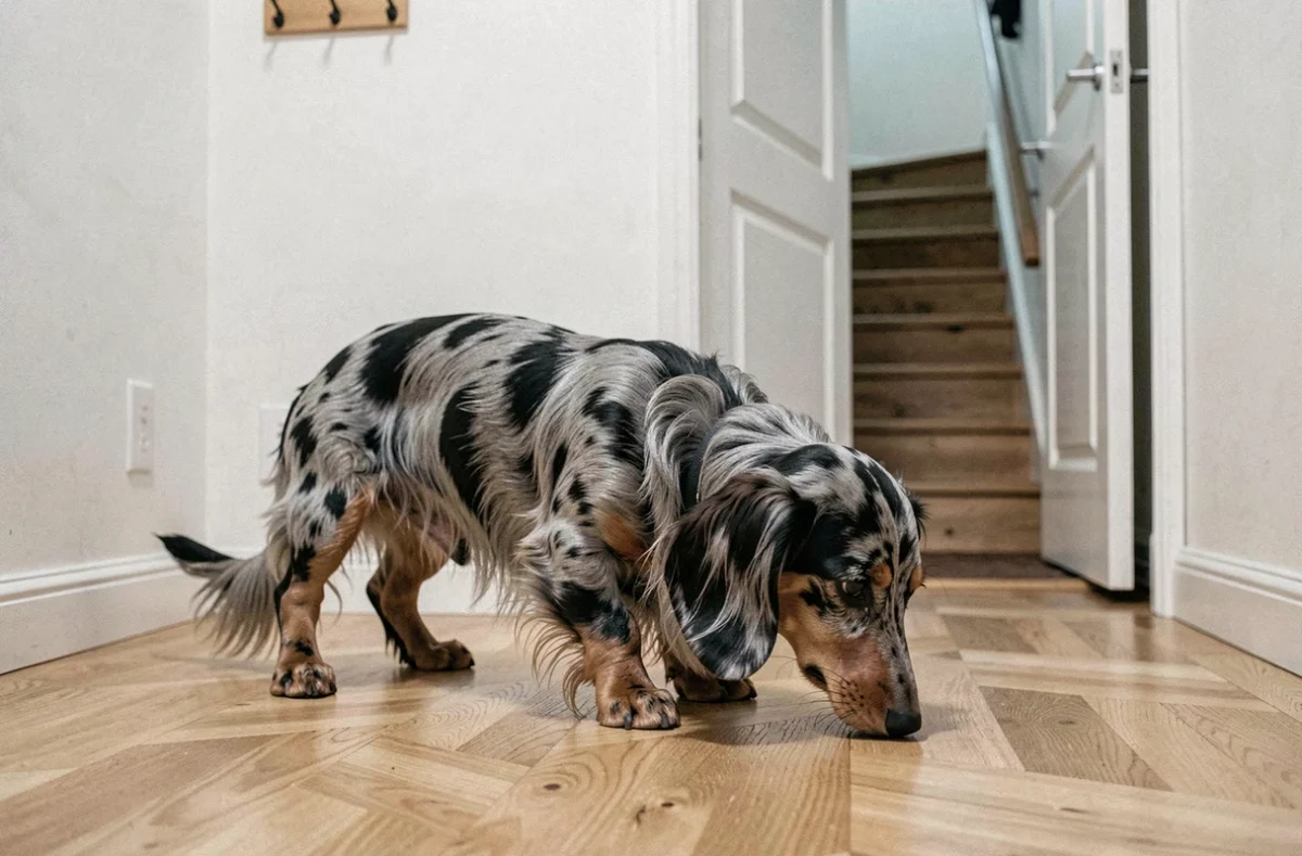 Teckel arlequin poil long debout dans le couloir d'un appartement en ville