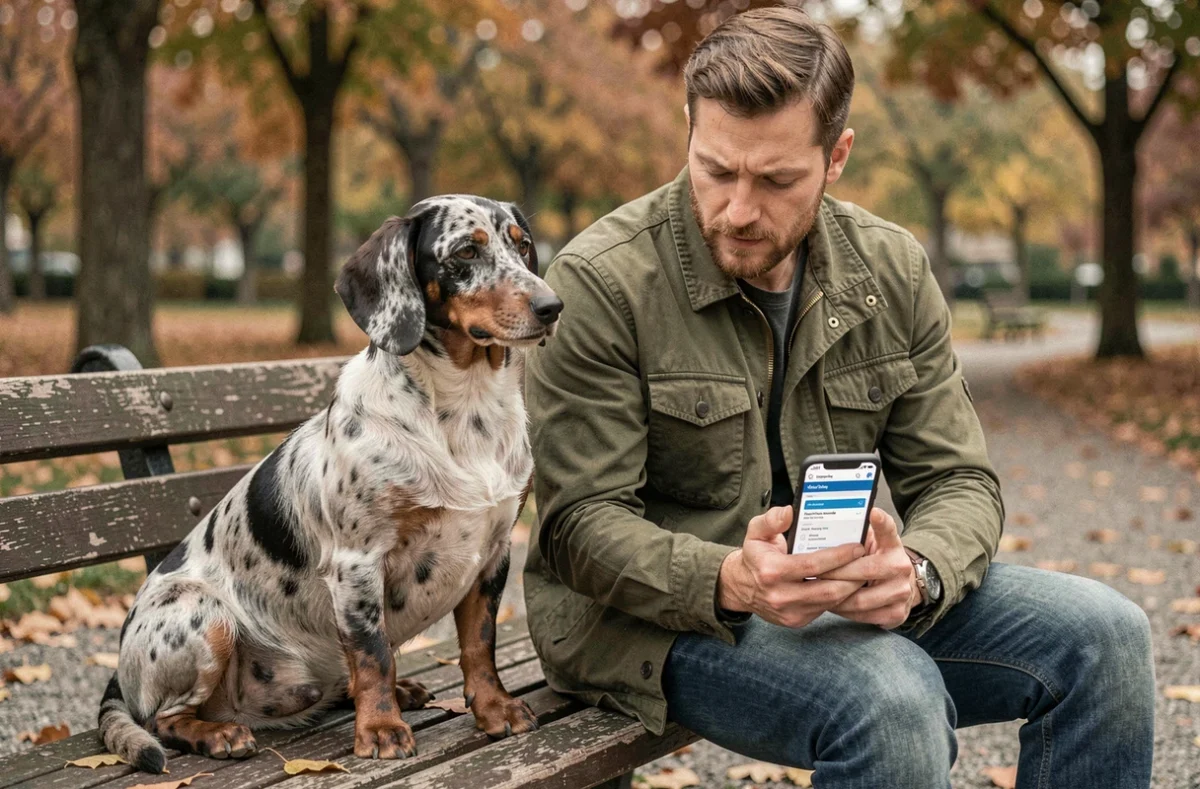 Propriétaire de Teckel Arlequin consultant une application d'assurance vétérinaire sur son téléphone dans un parc
