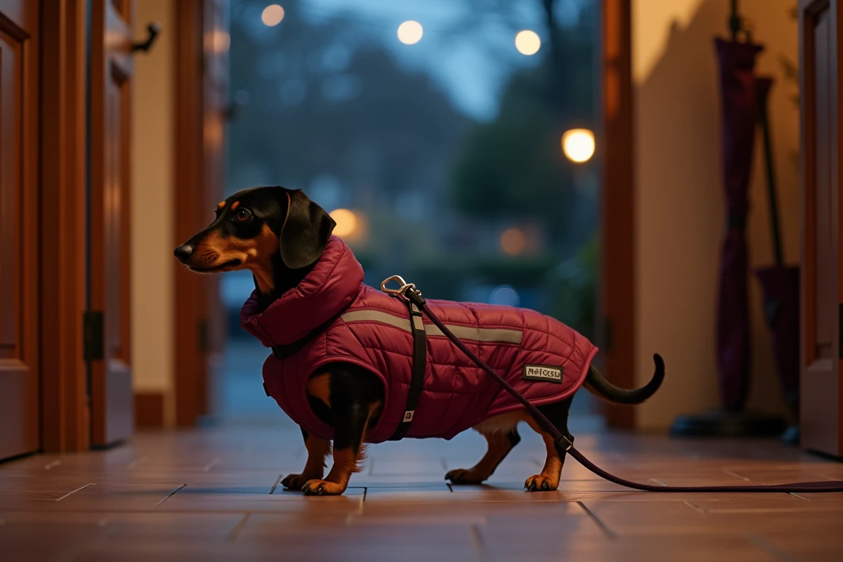 Teckel équipé d'un manteau matelassé bordeaux avec bandes réfléchissantes dans un couloir d'entrée avant promenade nocturne