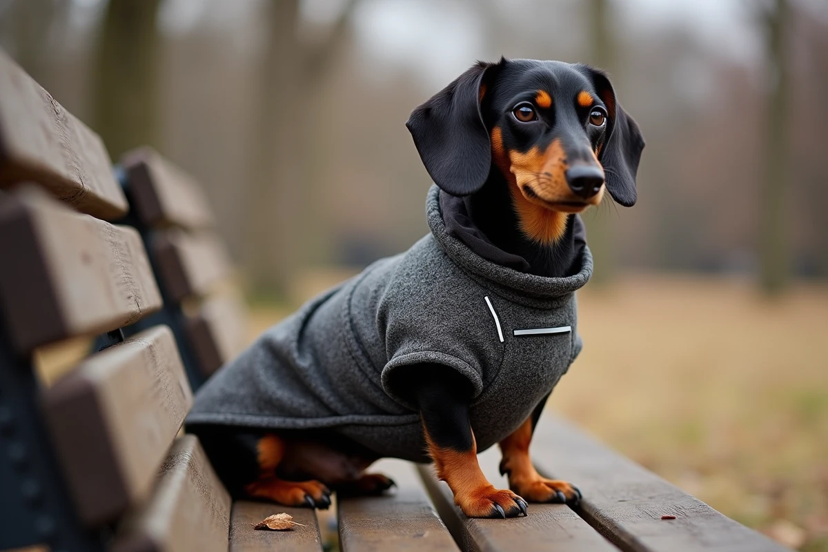 Teckel en manteau tweed gris avec liserés réfléchissants assis sur un chemin de parc en automne