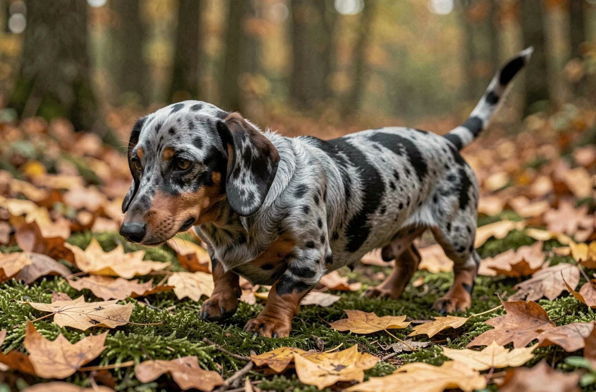 Teckel nain arlequin bleu merle en promenade sur un sentier forestier automnal, sa robe dapple aux reflets bleu-gris et noirs contrastant avec les feuilles dorées au sol