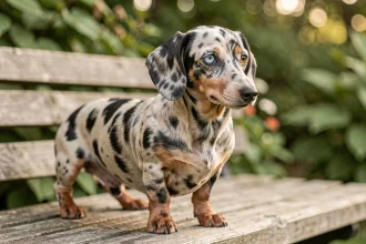 Teckel nain arlequin merle assis sur un banc en bois dans un jardin, montrant ses yeux vairons et sa robe aux motifs irréguliers gris, noirs et crème
