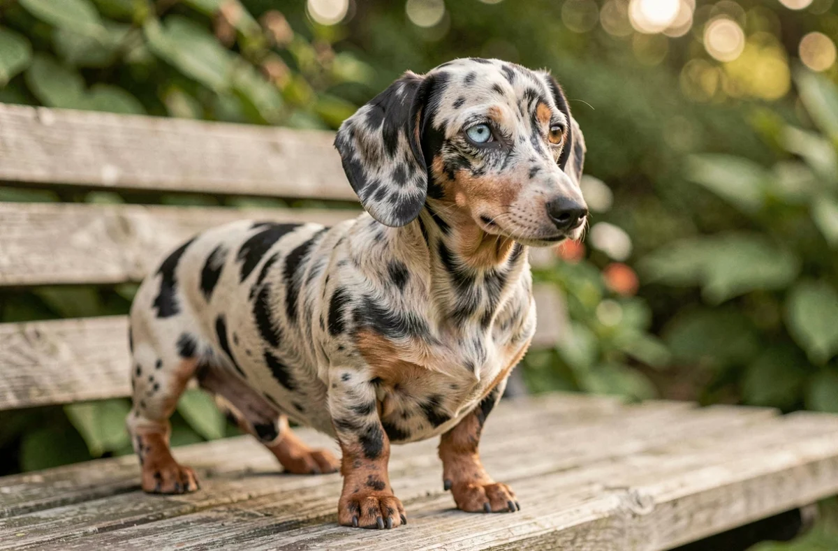 Teckel nain arlequin merle assis sur un banc en bois dans un jardin, montrant ses yeux vairons et sa robe aux motifs irréguliers gris, noirs et crème