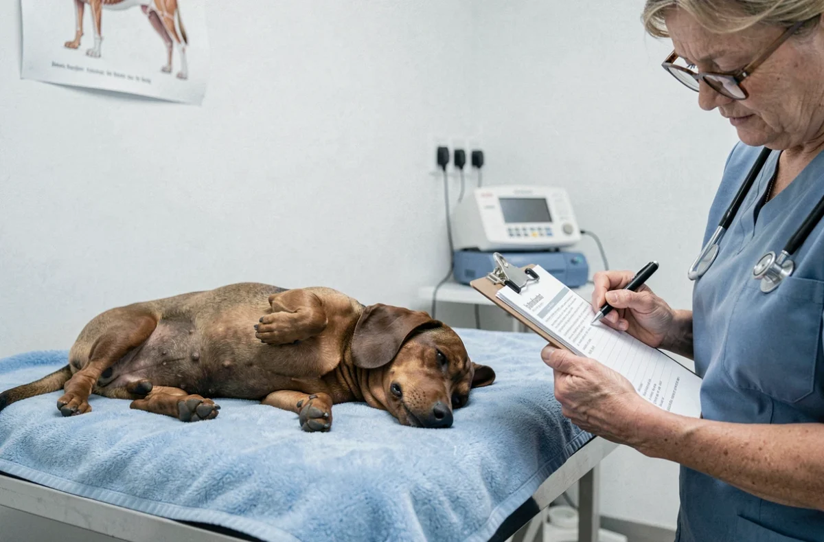 Chien teckel stressé allongé sur une couverture vétérinaire lors d'un examen clinique
