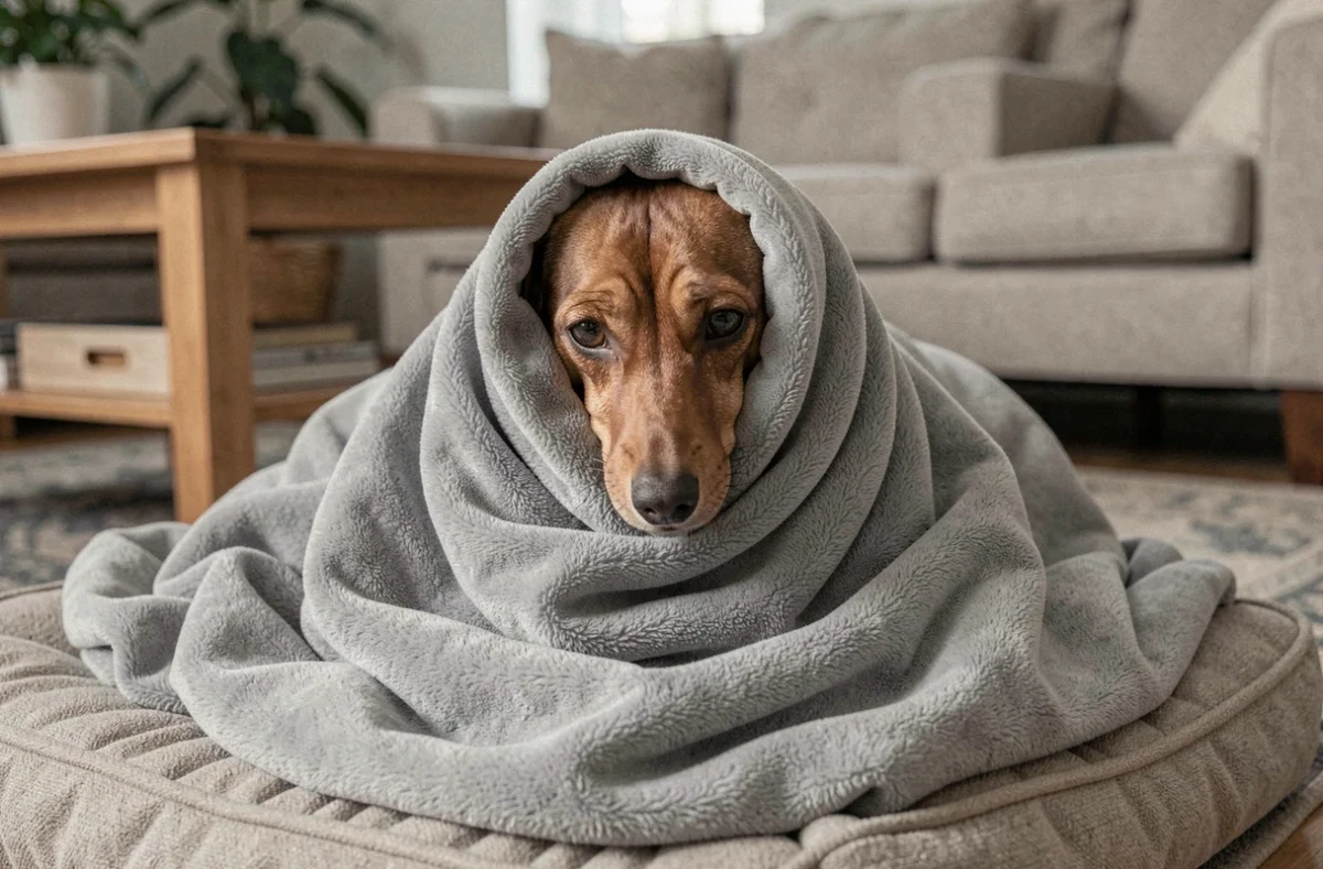 Teckel tremblant enroulé dans une couverture grise sur son lit pour chien