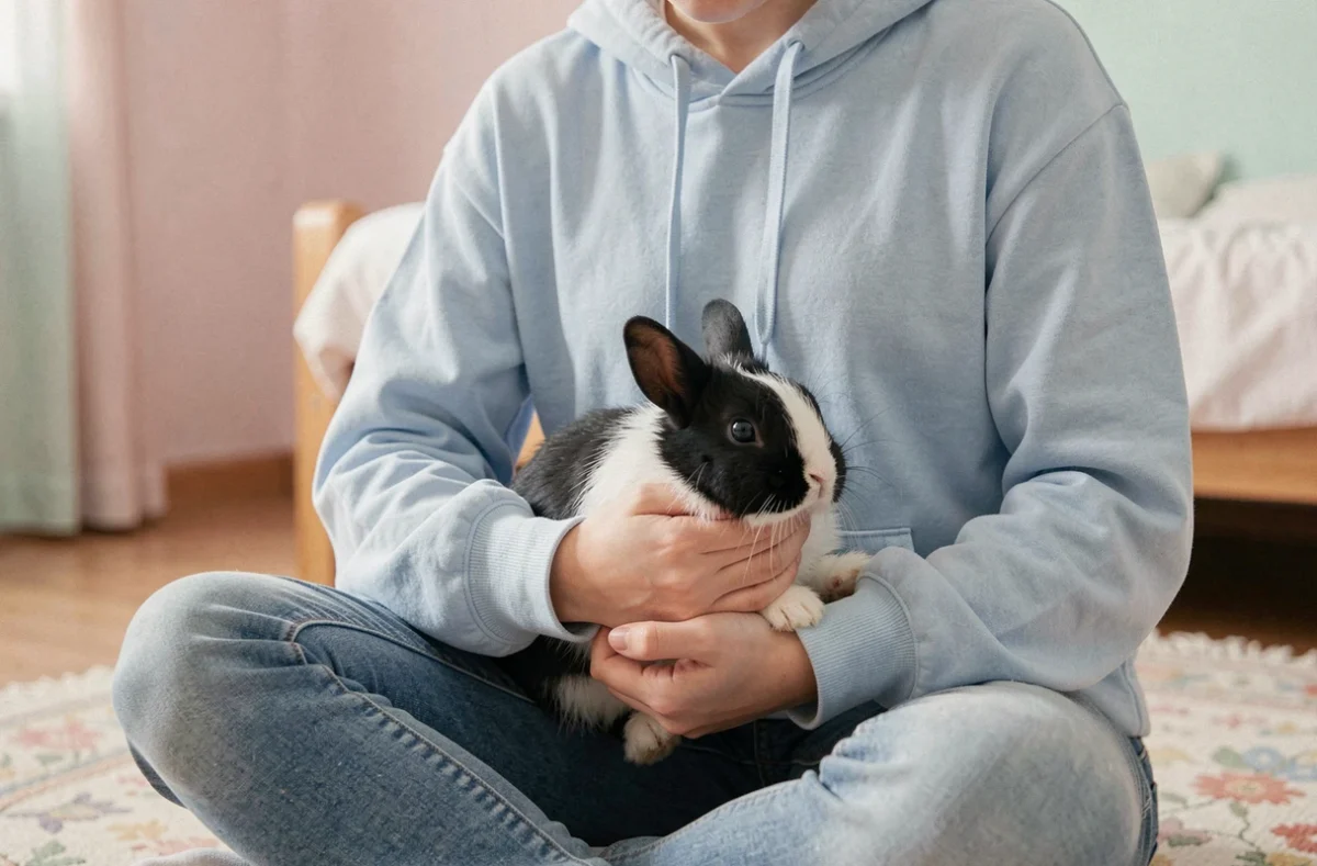 Adolescente assise par terre tenant un petit lapin nain noir et blanc sur ses genoux en toute sécurité